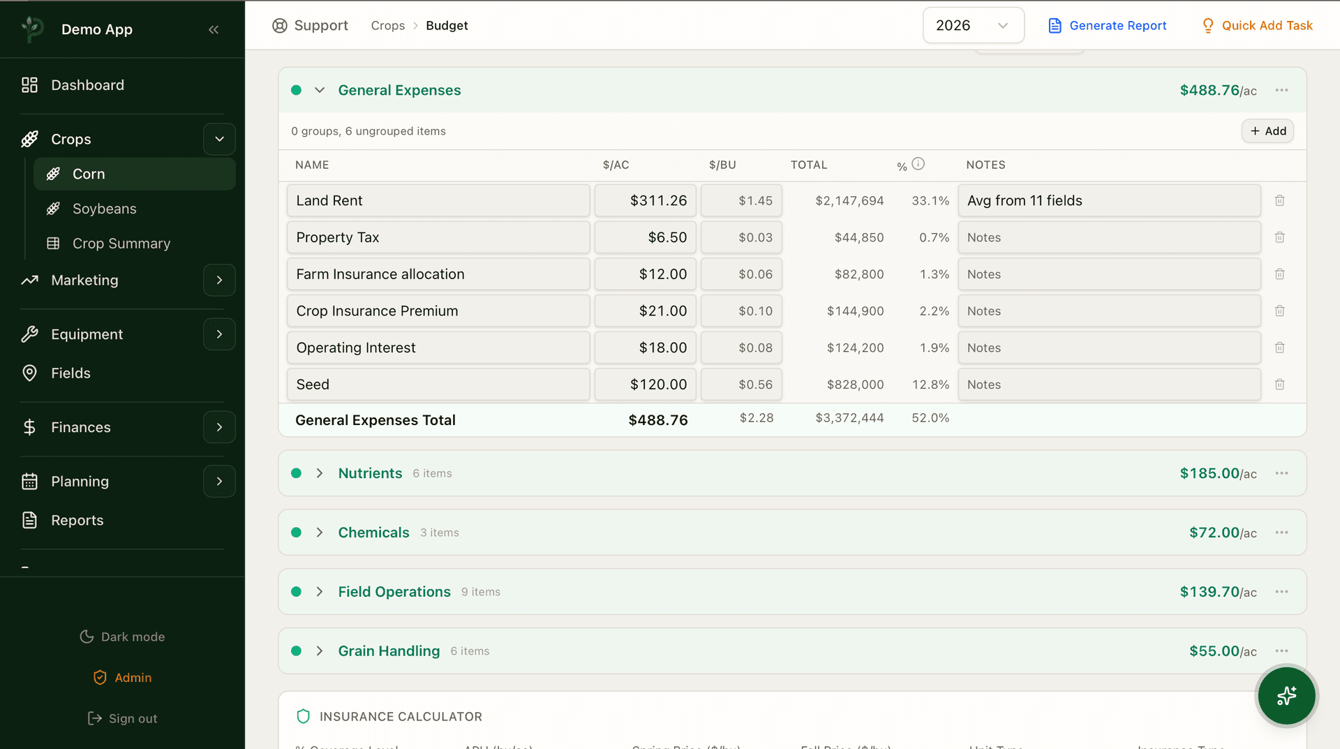Crop Budget in Farm Profit Manager