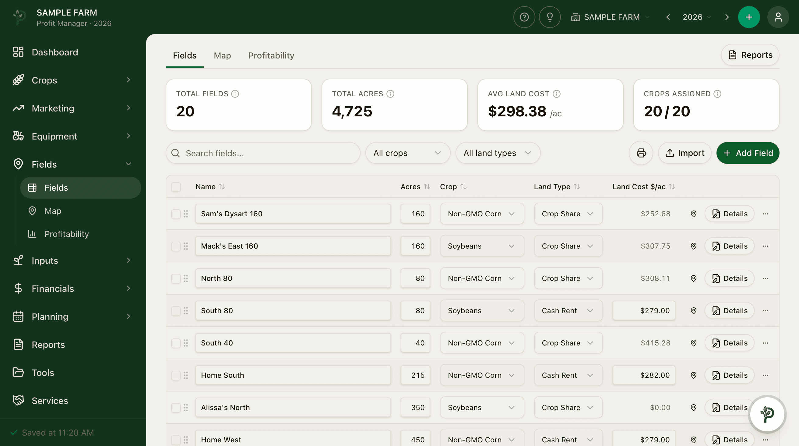 See field and rotation profitability clearly